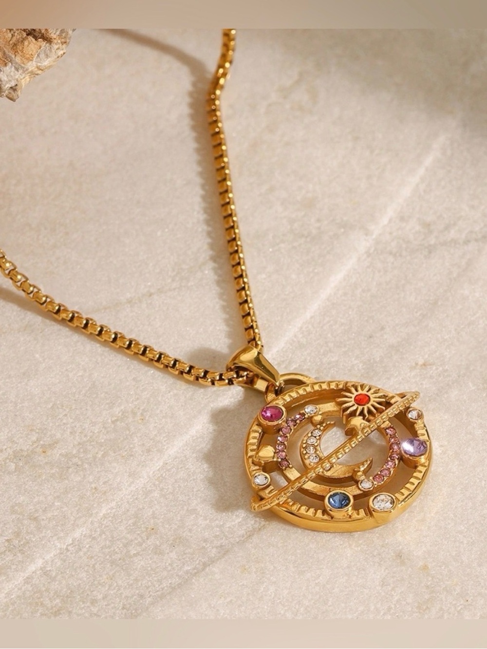 18K Gold Plated Stainless Steel Pendant Necklace with Multicolor Stones